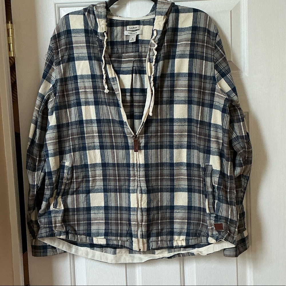 L.L. Bean Plaid Hooded Zip Pullover - Navy, Cream & Brown